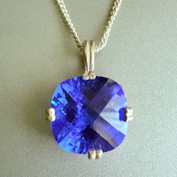Siberian Faceted Cushion Blue Quartz Sterling Silver Albion Pendant Necklace - Picture 1 of 8